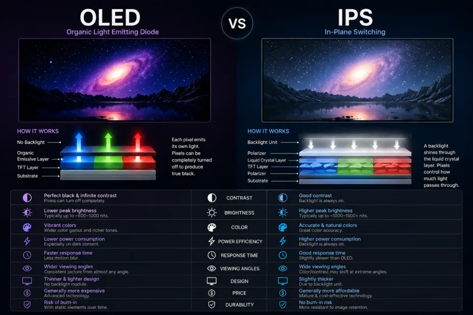 OLED vs IPS: comparing display technologies for better color and contrast quality in screens.