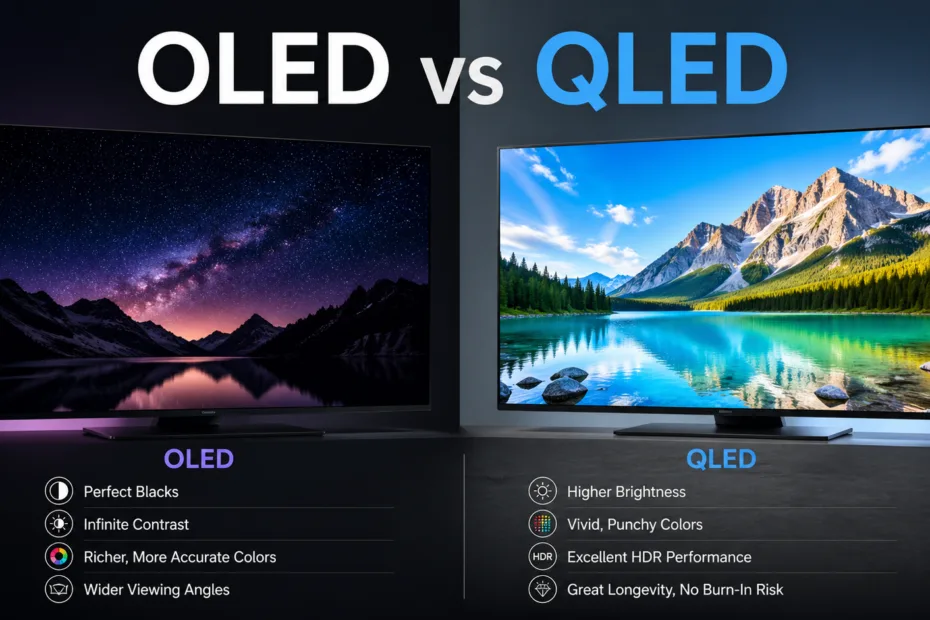 Comparison of OLED vs QLED TVs showing picture quality and display differences for better viewing experiences.