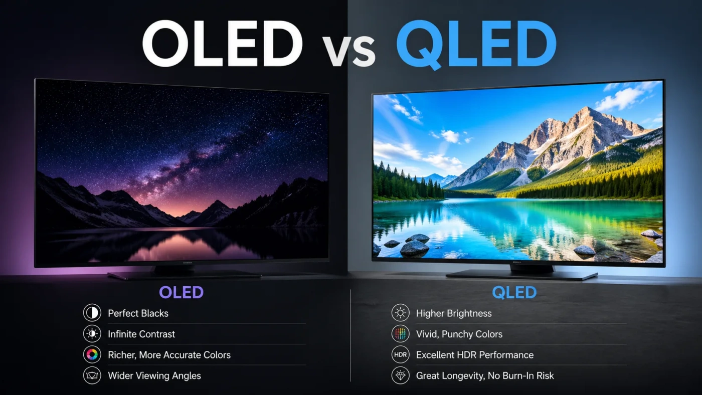 Comparison of OLED vs QLED TVs showing picture quality and display differences for better viewing experiences.