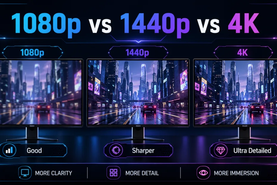 Comparison of 1080p, 1440p, and 4K resolutions showing differences in image clarity and detail.