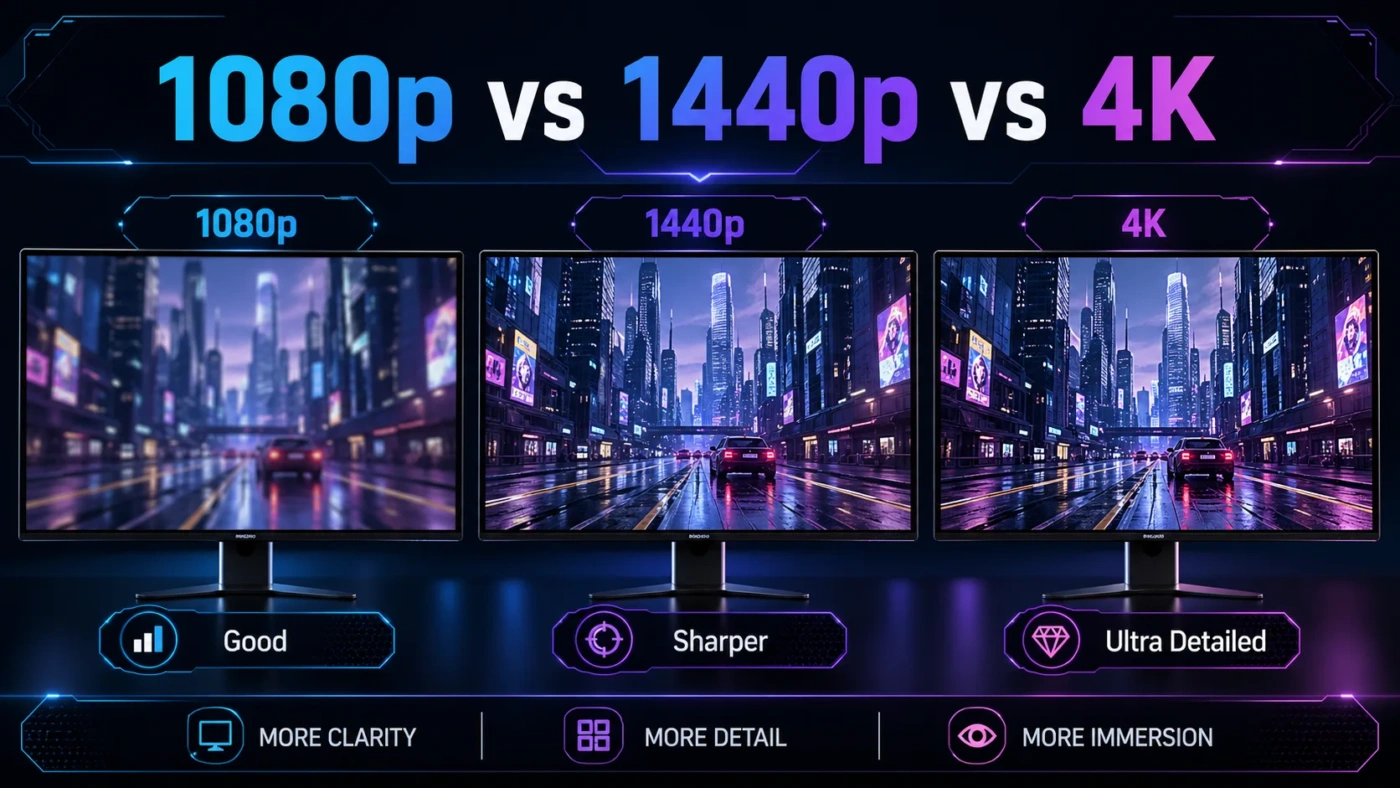 Comparison of 1080p, 1440p, and 4K resolutions showing differences in image clarity and detail.