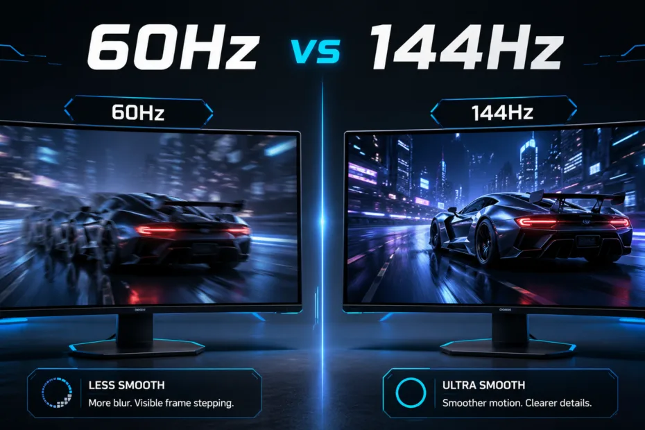 A comparison image illustrating the visual difference between 60Hz and 144Hz refresh rates for smoother gaming experiences.