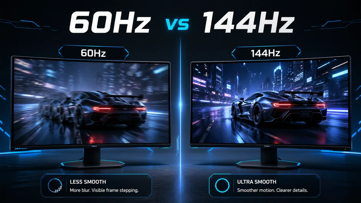 A comparison image illustrating the visual difference between 60Hz and 144Hz refresh rates for smoother gaming experiences.