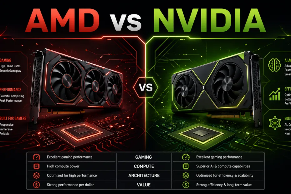 AMD vs NVIDIA graphics cards comparison showcasing performance, design, and cooling features for gaming and high-end use.