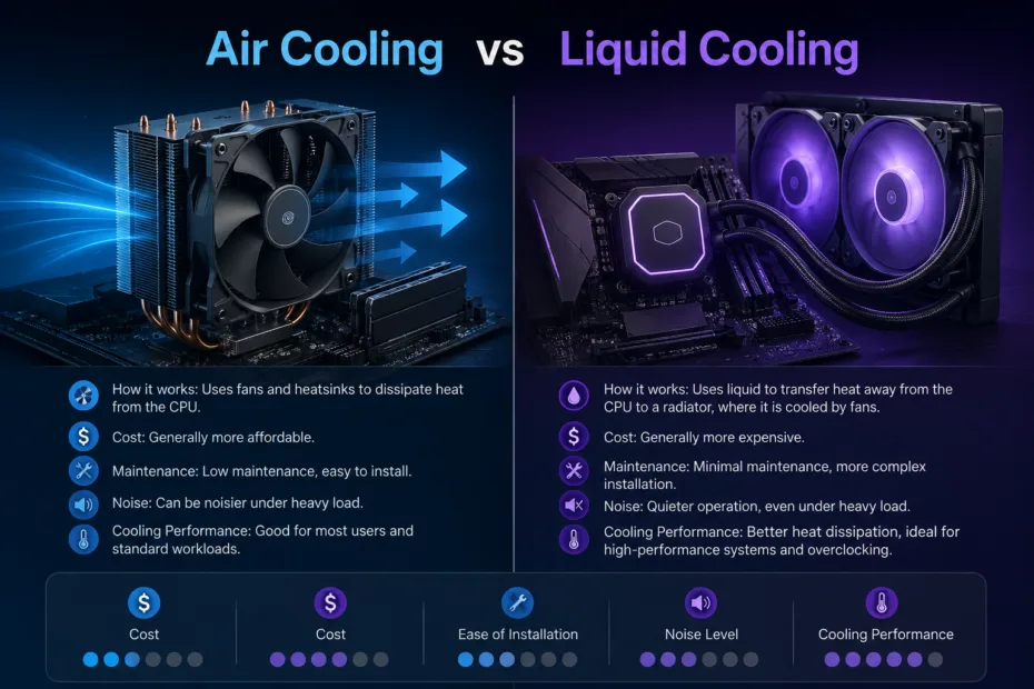 A comparison graphic of air cooling versus liquid cooling for PC cooling solutions, highlighting their differences and performance.