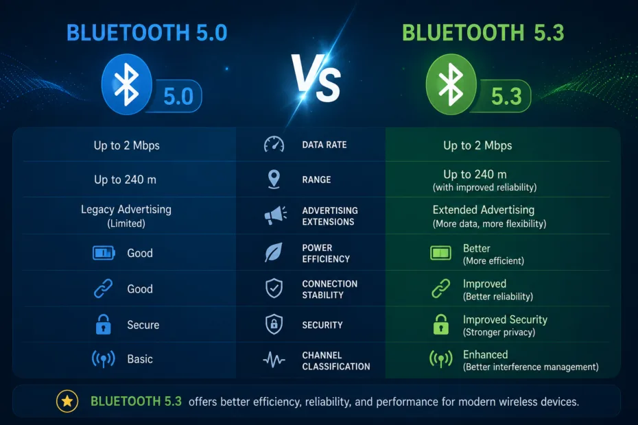 Comparison of Bluetooth 5.0 and 5.3 highlighting their differences in speed, range, and efficiency for seamless wireless connections.