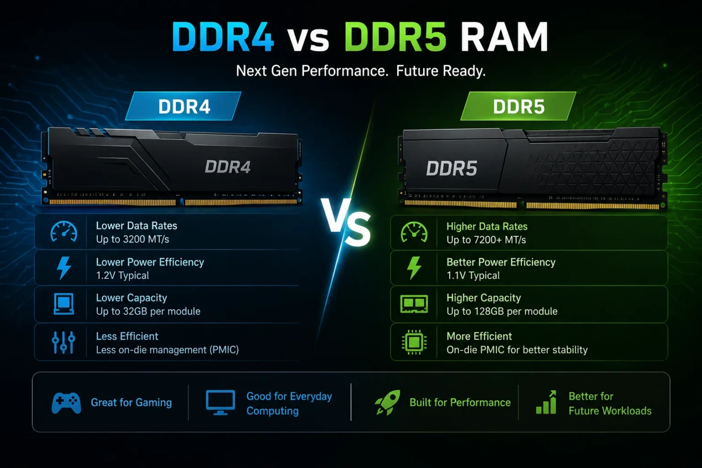 Comparison of DDR4 and DDR5 RAM showing performance differences and upgrade benefits for computer enthusiasts.
