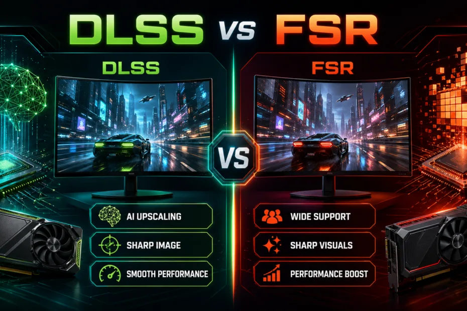 Comparison of DLSS and FSR graphics enhancement technologies in gaming performance.