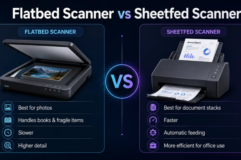 Comparison between flatbed scanner and sheetfed scanner, highlighting key differences in speed, convenience, and ideal use cases for document scanning…