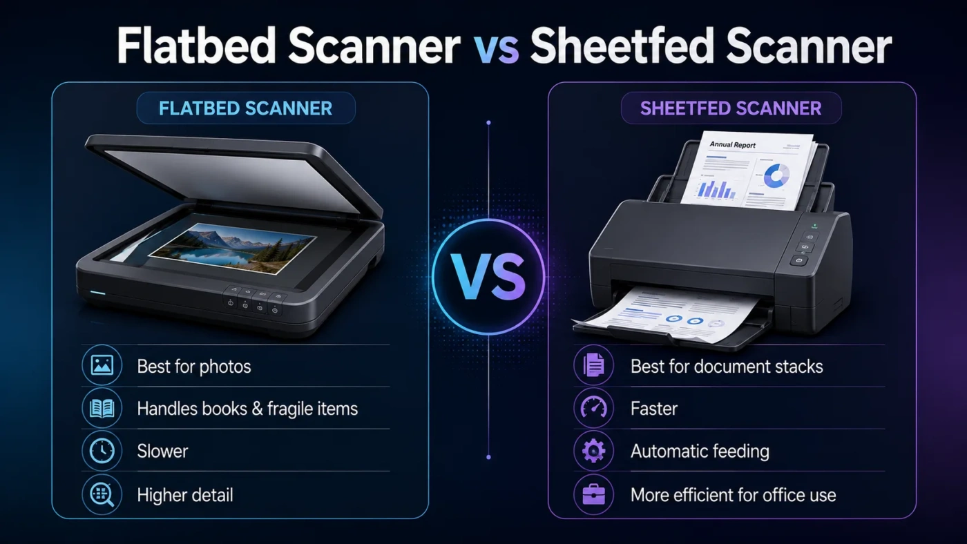 Comparison between flatbed scanner and sheetfed scanner, highlighting key differences in speed, convenience, and ideal use cases for document scanning…
