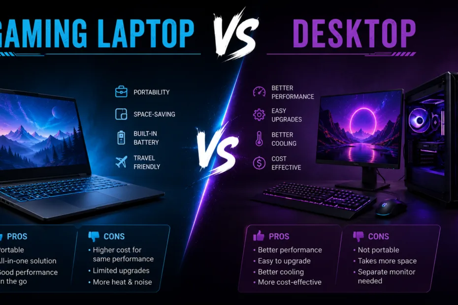 Gaming laptop vs desktop comparison highlighting key differences for gamers choosing between portable and powerful gaming setups.