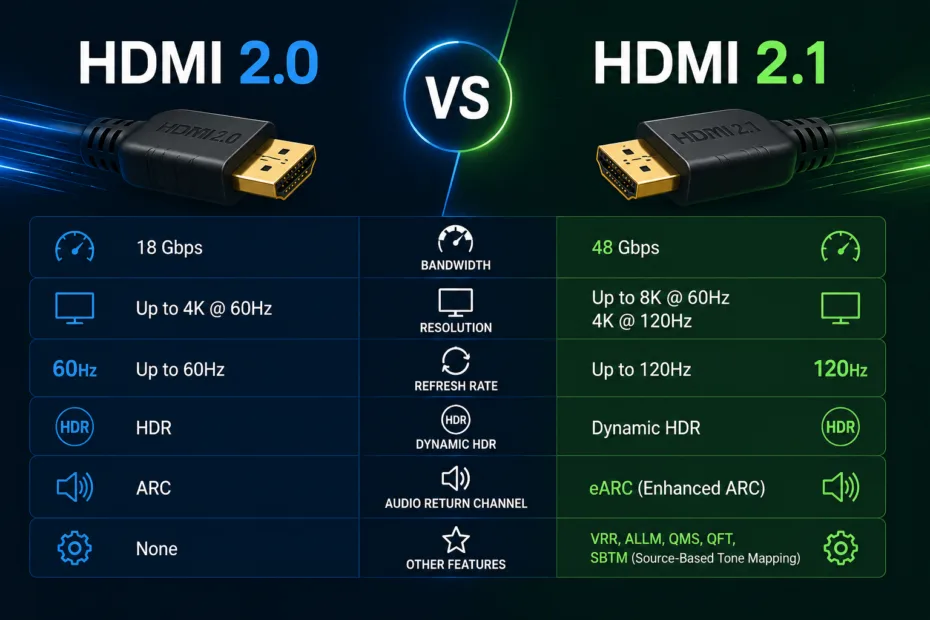 HDMI 2.0 vs HDMI 2.1 comparison showing differences in bandwidth, refresh rates, and support for 4K and 8K gaming and streaming.