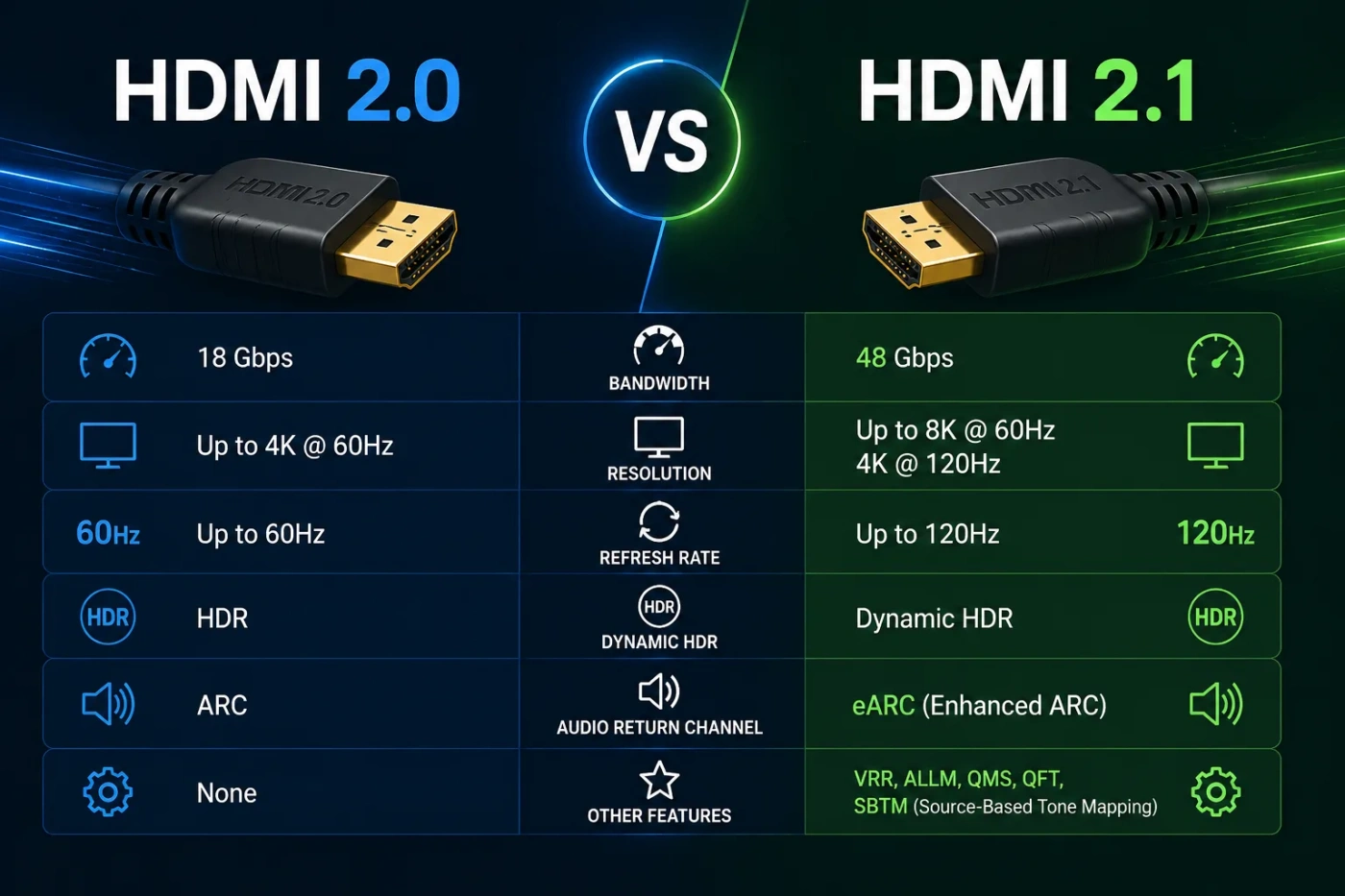 HDMI 2.0 vs HDMI 2.1 comparison showing differences in bandwidth, refresh rates, and support for 4K and 8K gaming and streaming.