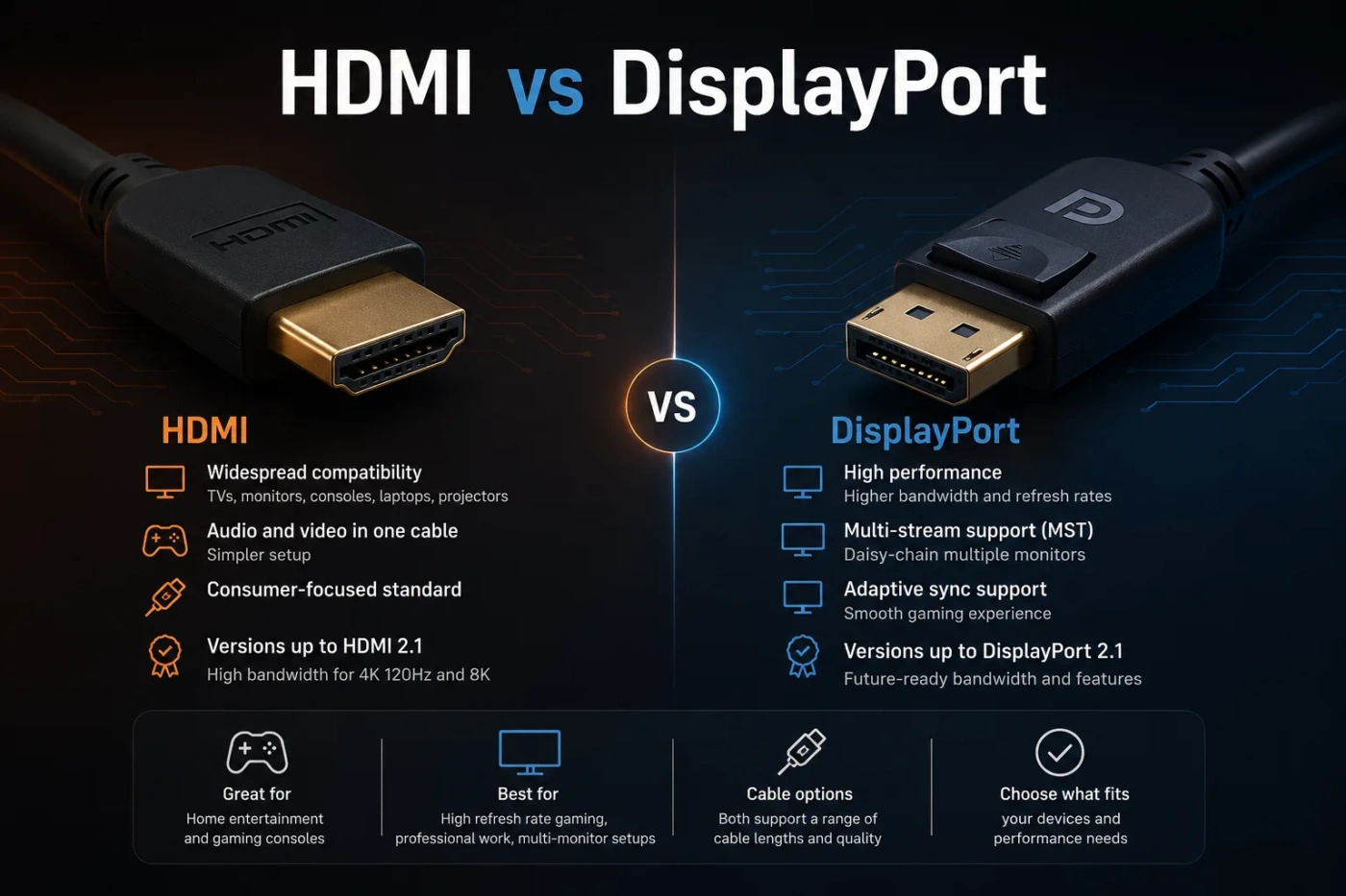 Comparison of HDMI vs DisplayPort cables highlighting which connection is better for gaming performance.