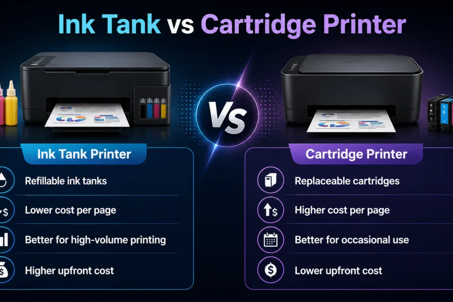 Ink tank vs cartridge printer comparison showing advantages of ink tank printers for high-volume printing and cost efficiency.