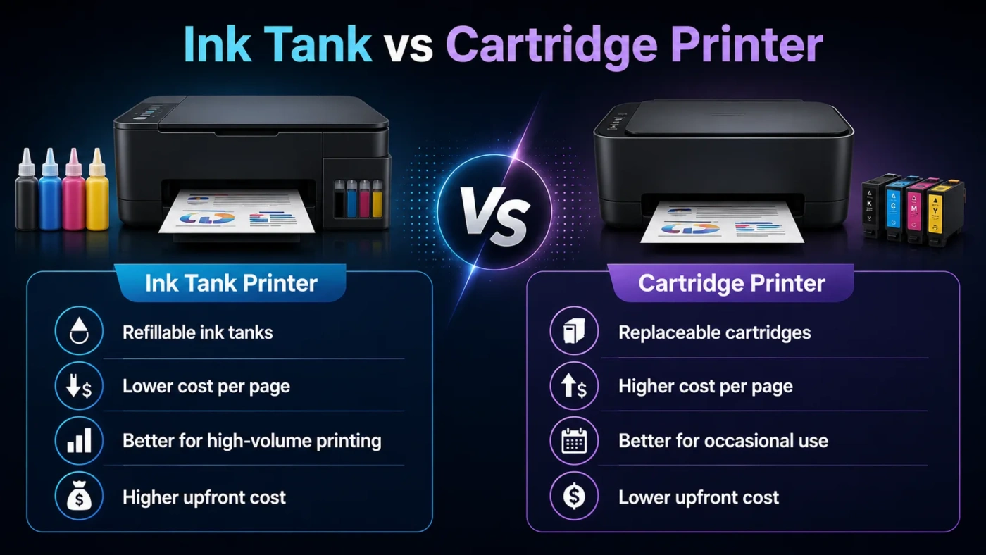 Ink tank vs cartridge printer comparison showing advantages of ink tank printers for high-volume printing and cost efficiency.