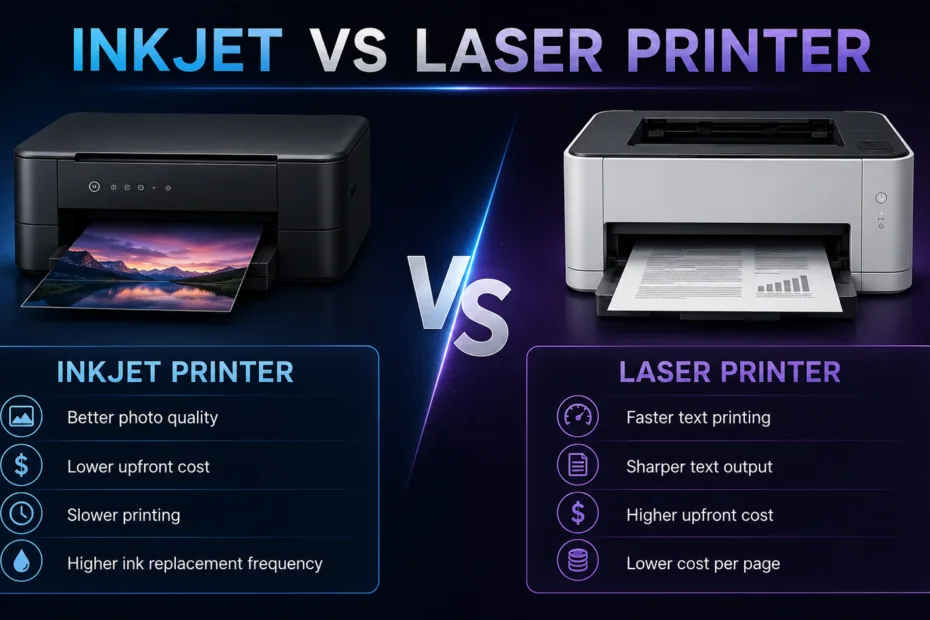 Inkjet vs laser printer comparison showing differences in print quality, speed, and efficiency for home and office use.