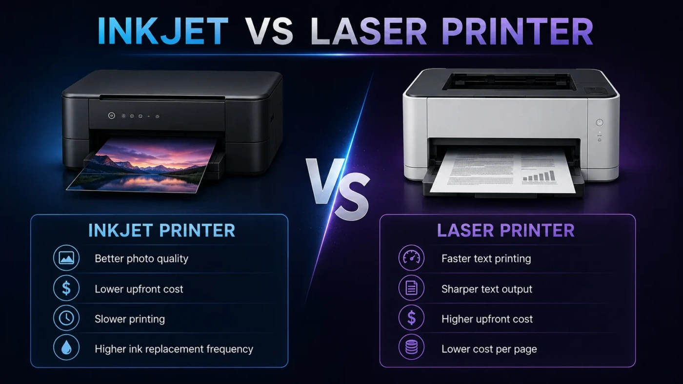 Inkjet vs laser printer comparison showing differences in print quality, speed, and efficiency for home and office use.