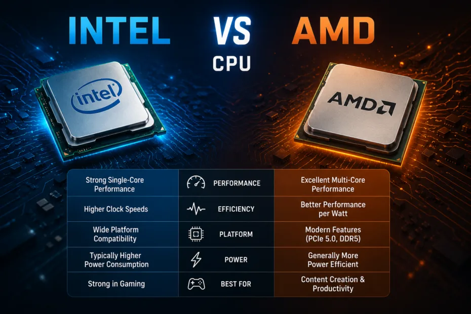 Intel vs AMD CPU comparison showing differences in performance and features for gamers and professionals.