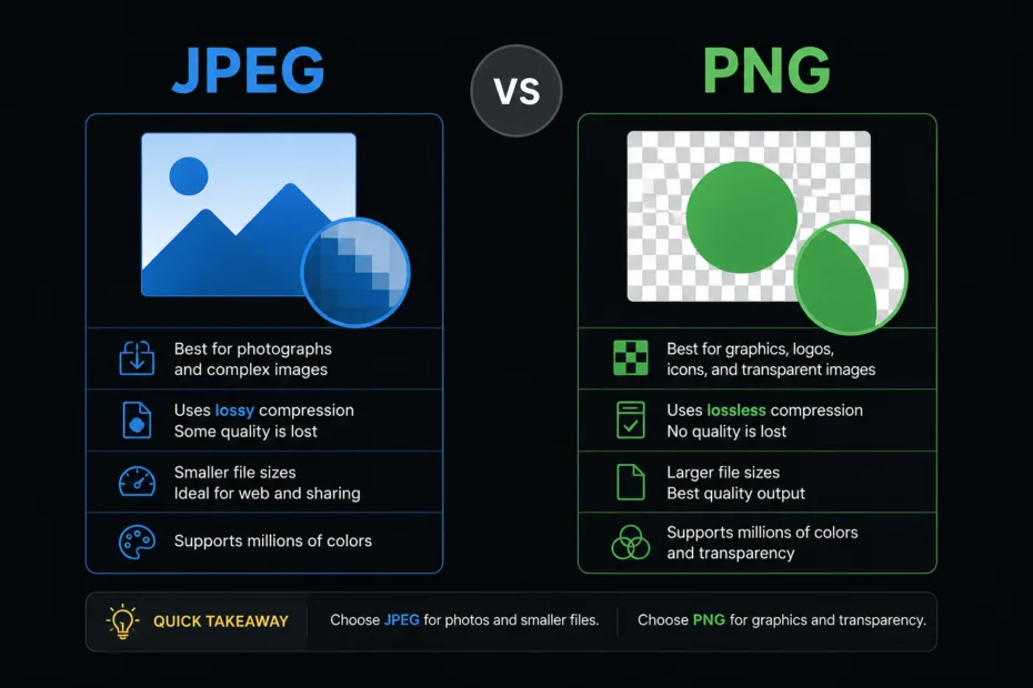 JPEG vs PNG comparison showing best uses for each image format with tips on quality, transparency, and file size.