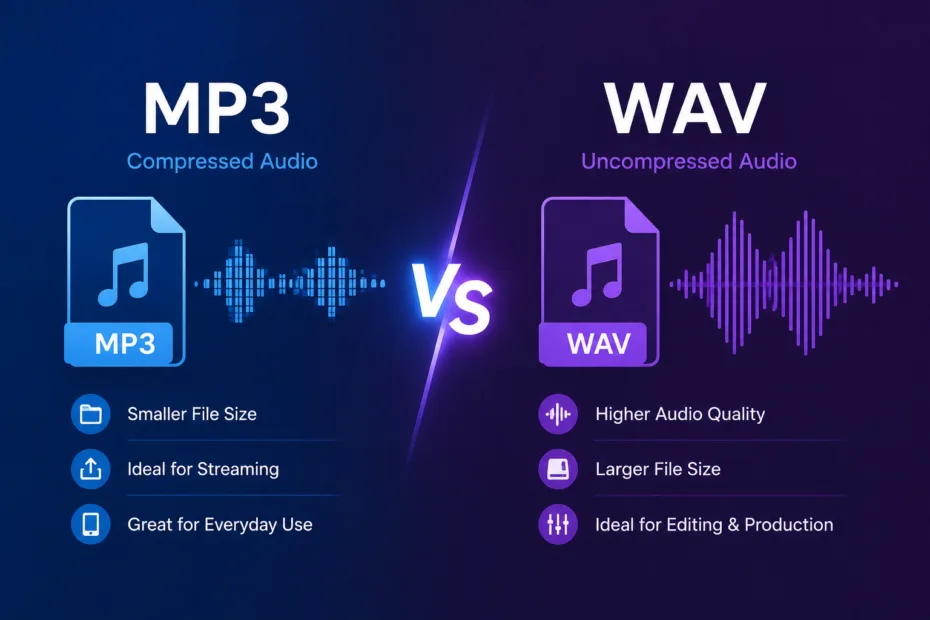 Comparison of MP3 and WAV audio formats highlighting differences in quality and file size for better sound choices.