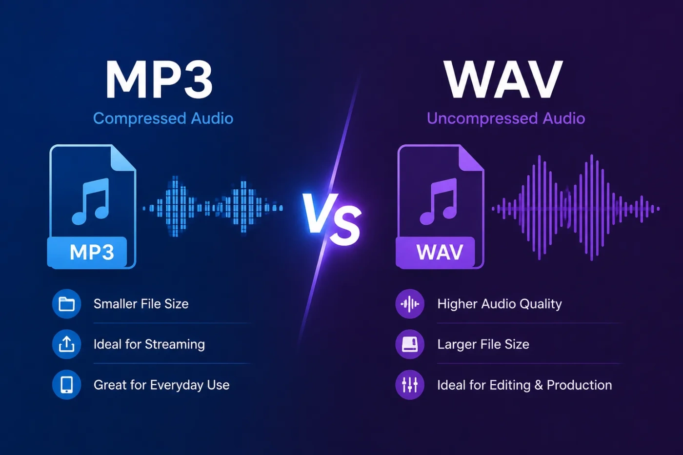 Comparison of MP3 and WAV audio formats highlighting differences in quality and file size for better sound choices.