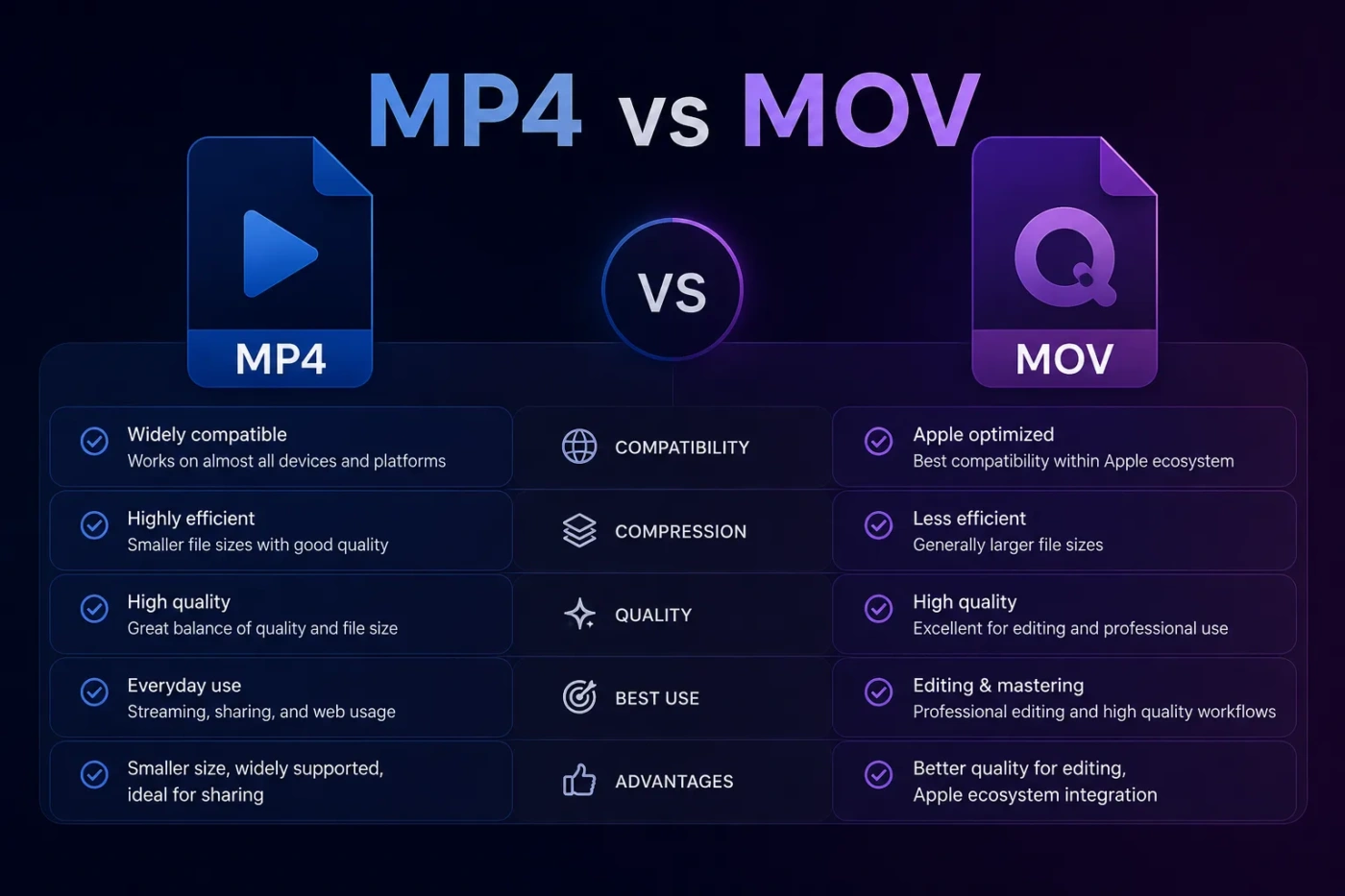 Comparison of MP4 vs MOV formats, illustrating their features, uses, and benefits for video playback and editing.