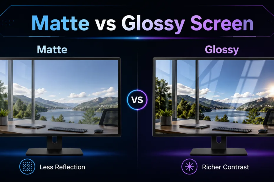 A comparison of matte vs glossy screen finishes showing glare reduction on matte and vibrant colors on glossy displays.
