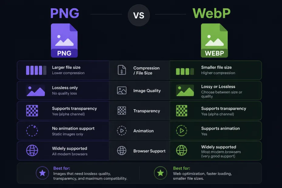 PNG vs WebP: comparing image quality, compression, and optimization for websites in a clear, easy-to-understand infographic.