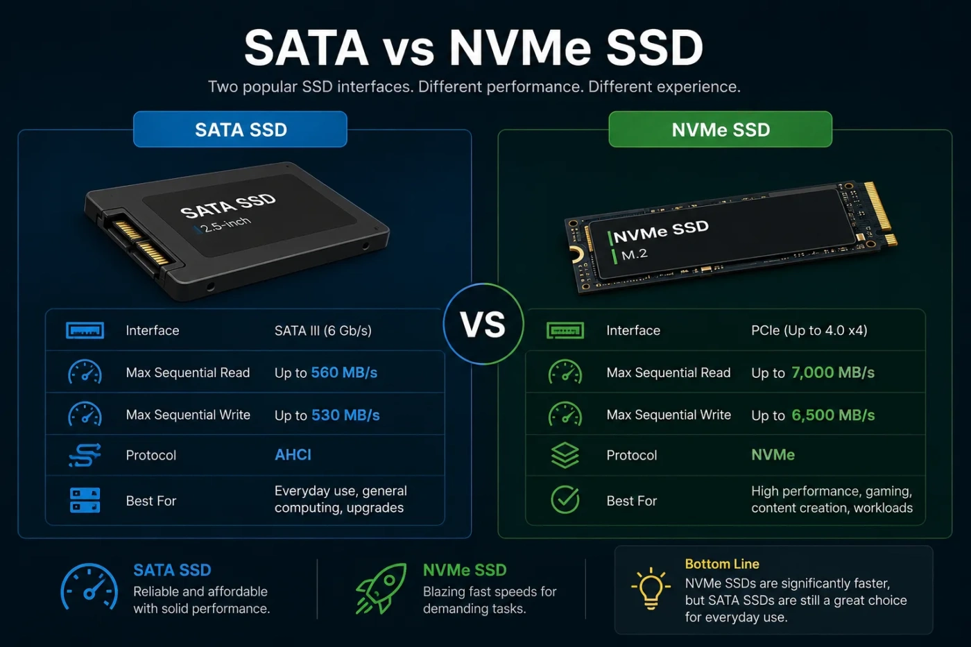 SATA vs NVMe SSD comparison showing speed and performance differences for better storage options.