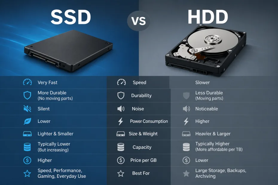 SSD vs HDD comparison showing speed, durability, and performance differences for choosing the right storage drive.