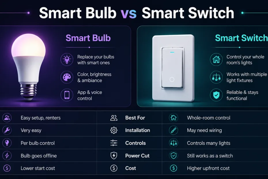 Smart bulb vs smart switch comparison showcasing different lighting control options for modern homes.