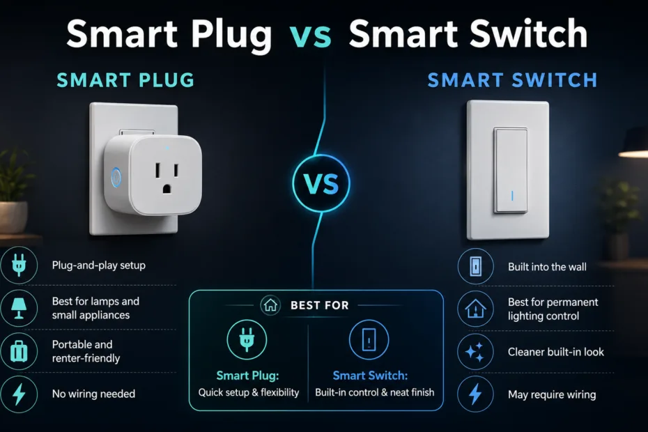 Smart plug vs smart switch comparison showing how each device controls home appliances for convenient automation.