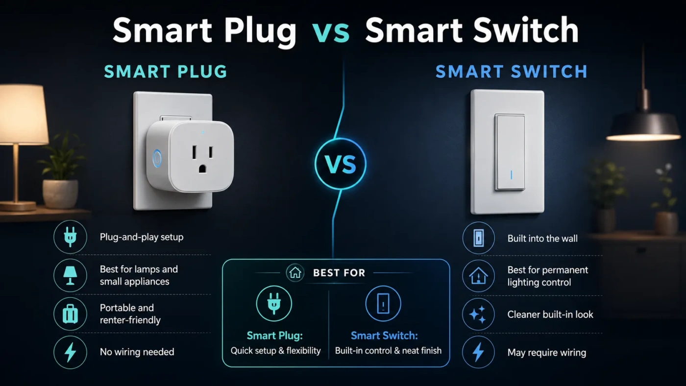 Smart plug vs smart switch comparison showing how each device controls home appliances for convenient automation.