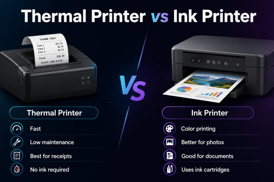 Thermal printer vs ink printer comparison showing differences in printing methods and uses for various printing needs.