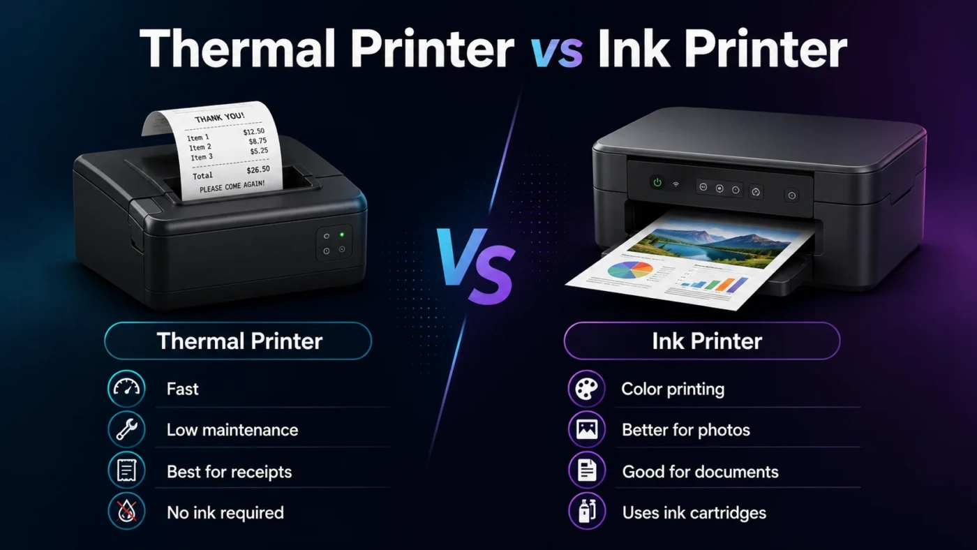 Thermal printer vs ink printer comparison showing differences in printing methods and uses for various printing needs.