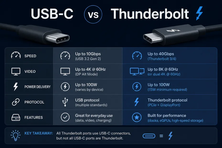 USB-C vs Thunderbolt comparison showing differences in data transfer speeds, power delivery, and compatibility for tech enthusiasts.