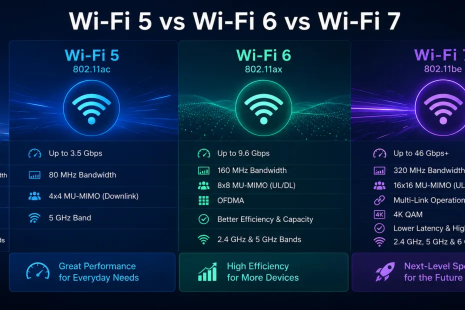 Comparison of Wi-Fi 5, Wi-Fi 6, and Wi-Fi 7 features to help you choose the best wireless connection for your needs.