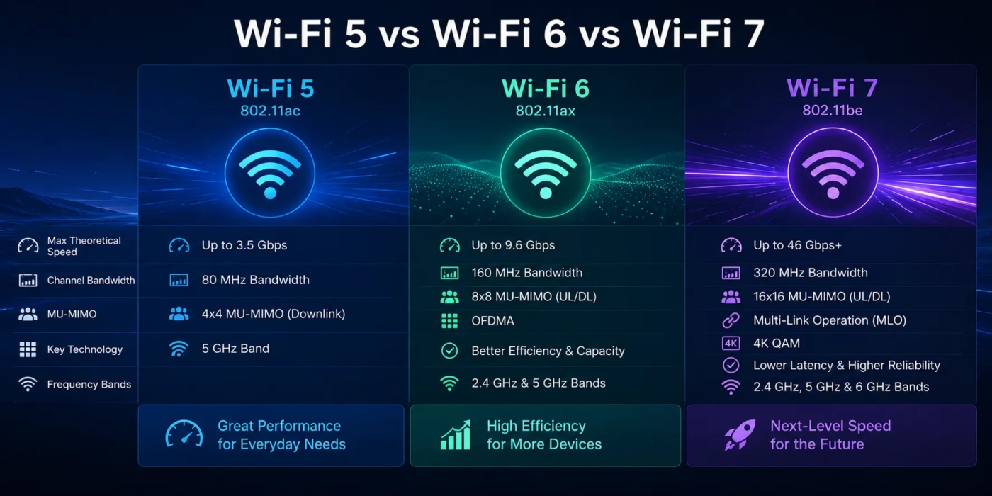 Comparison of Wi-Fi 5, Wi-Fi 6, and Wi-Fi 7 features to help you choose the best wireless connection for your needs.