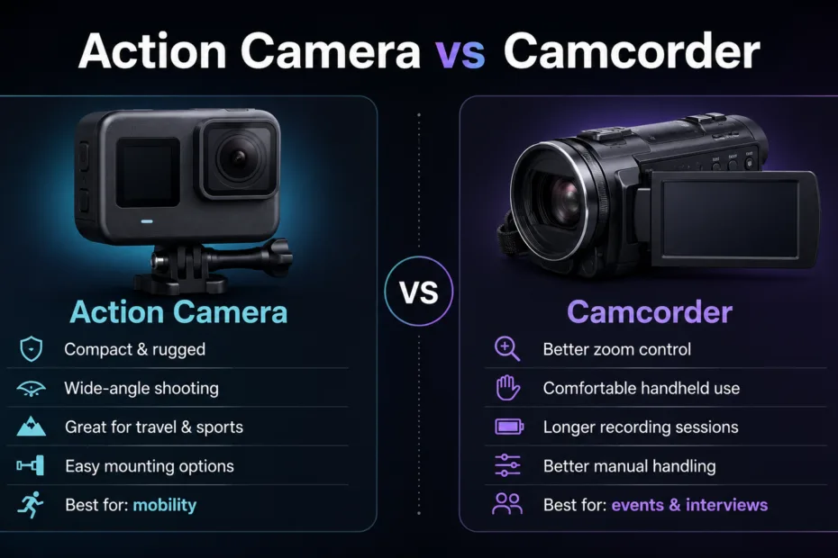 Action camera vs camcorder comparison showing their features for choosing the right video camera for outdoor and travel use.