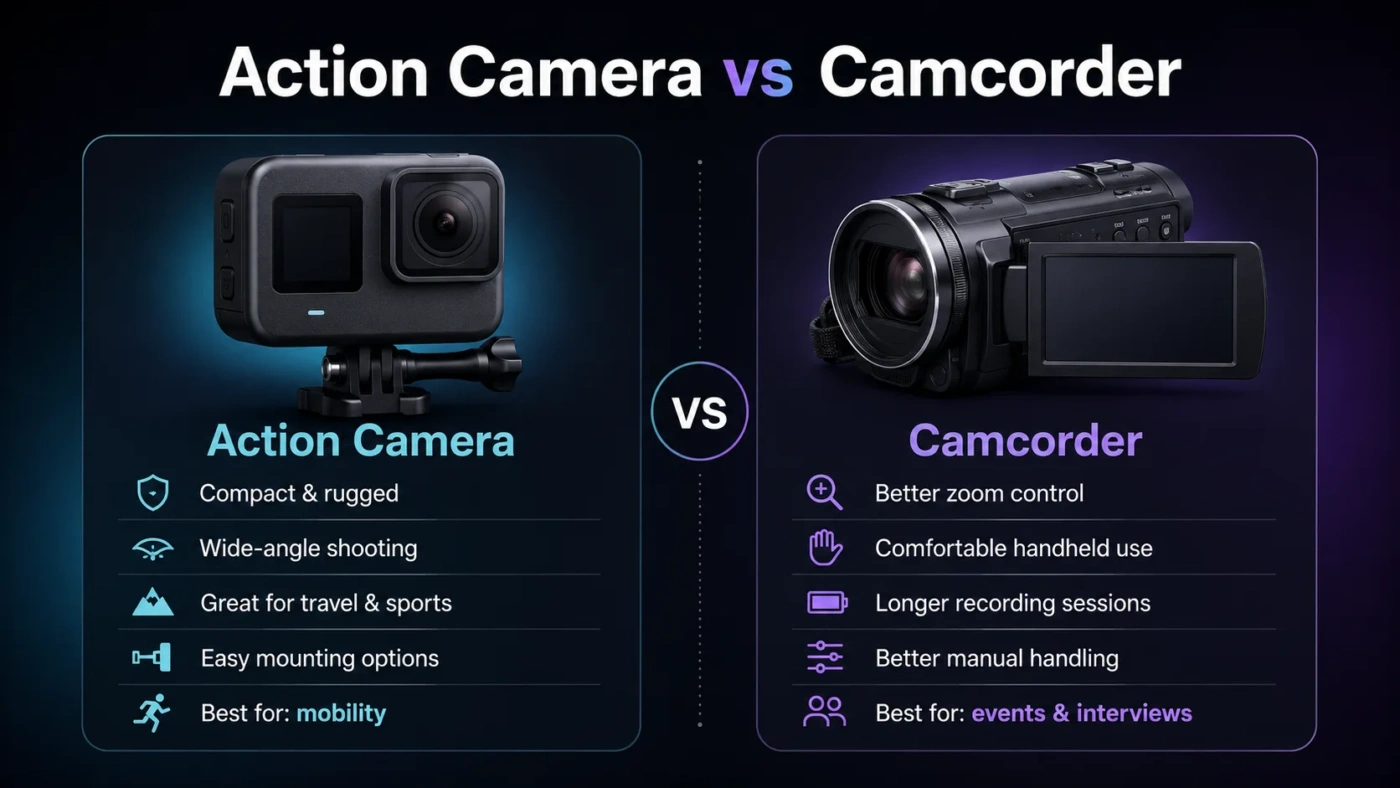 Action camera vs camcorder comparison showing their features for choosing the right video camera for outdoor and travel use.