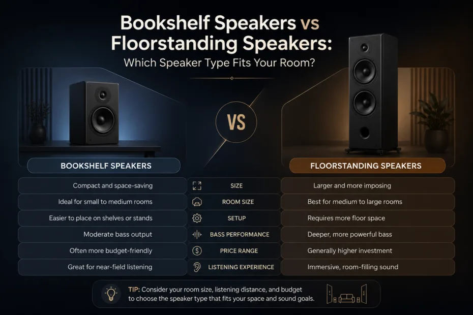 Bookshelf speakers vs floorstanding speakers comparison to help choose the best fit for your room setup.