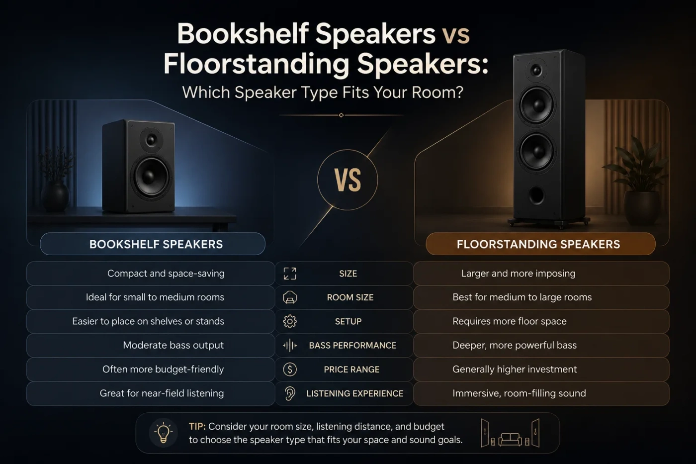 Bookshelf speakers vs floorstanding speakers comparison to help choose the best fit for your room setup.