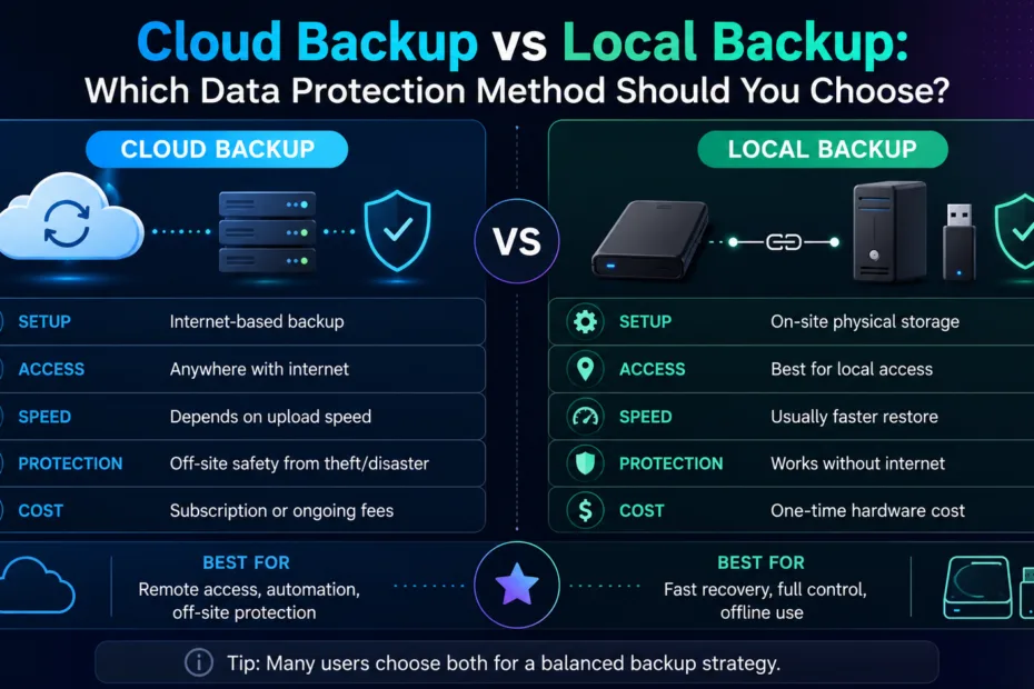 Comparison of cloud backup vs local backup methods for protecting your data effectively.