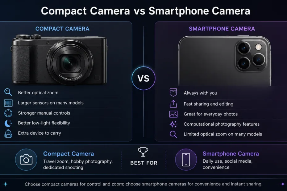 Comparison of compact camera vs smartphone camera for everyday photos, highlighting advantages and features of each device.