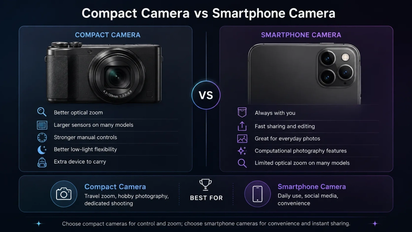 Comparison of compact camera vs smartphone camera for everyday photos, highlighting advantages and features of each device.