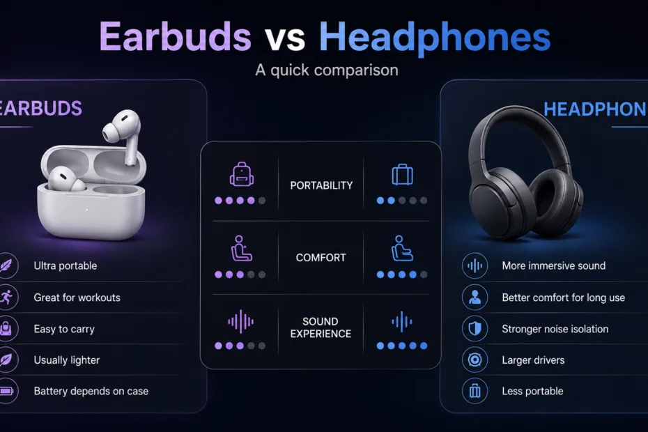 A comparison of earbuds versus headphones highlighting differences in comfort, sound quality, portability, and durability.