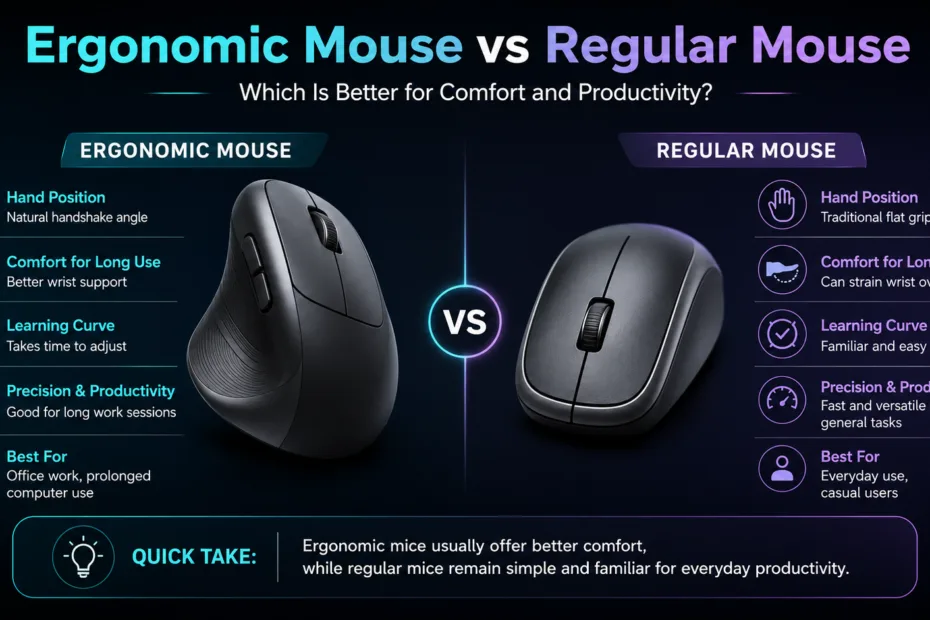 Comparison of ergonomic mouse vs regular mouse highlighting which offers better comfort and productivity for users.