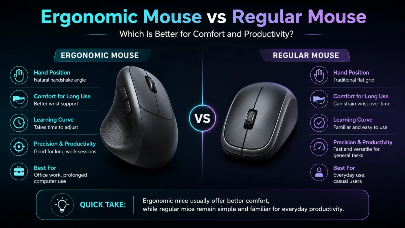 Comparison of ergonomic mouse vs regular mouse highlighting which offers better comfort and productivity for users.