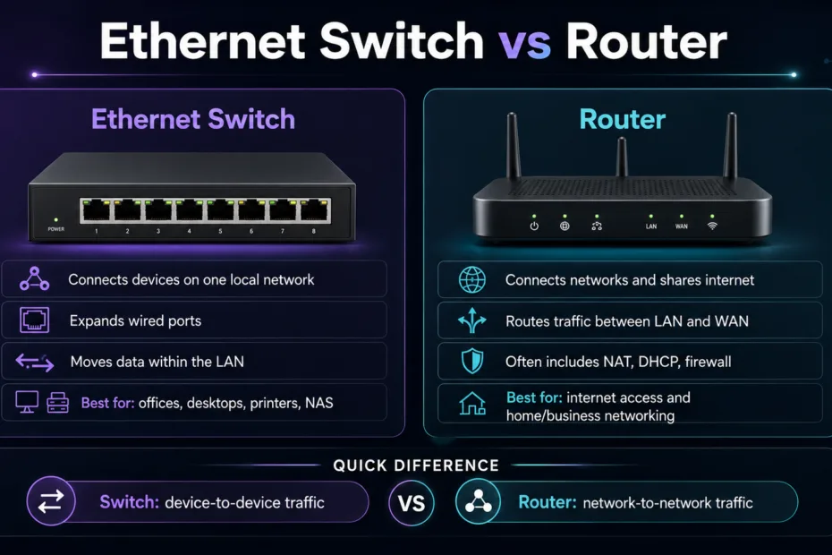 Ethernet switch vs router: clear comparison of their functions and differences in networking setup.